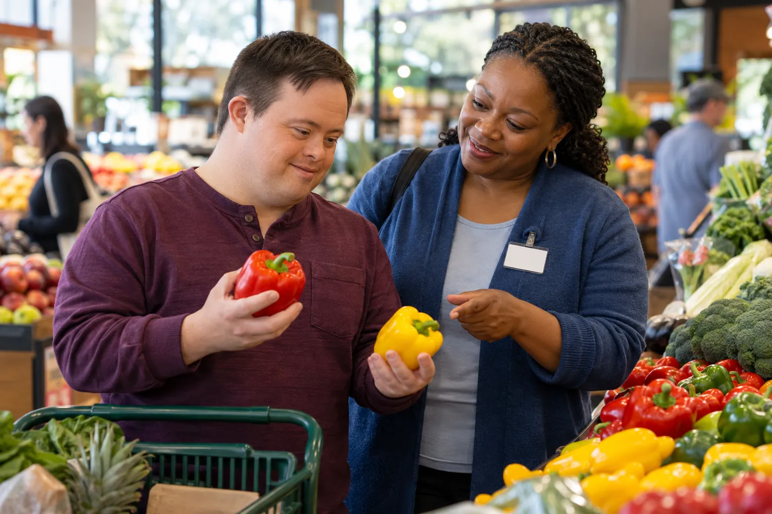 A man compares a red and a yellow bell pepper at a grocery store while a direct support professional beside him talks through his options.